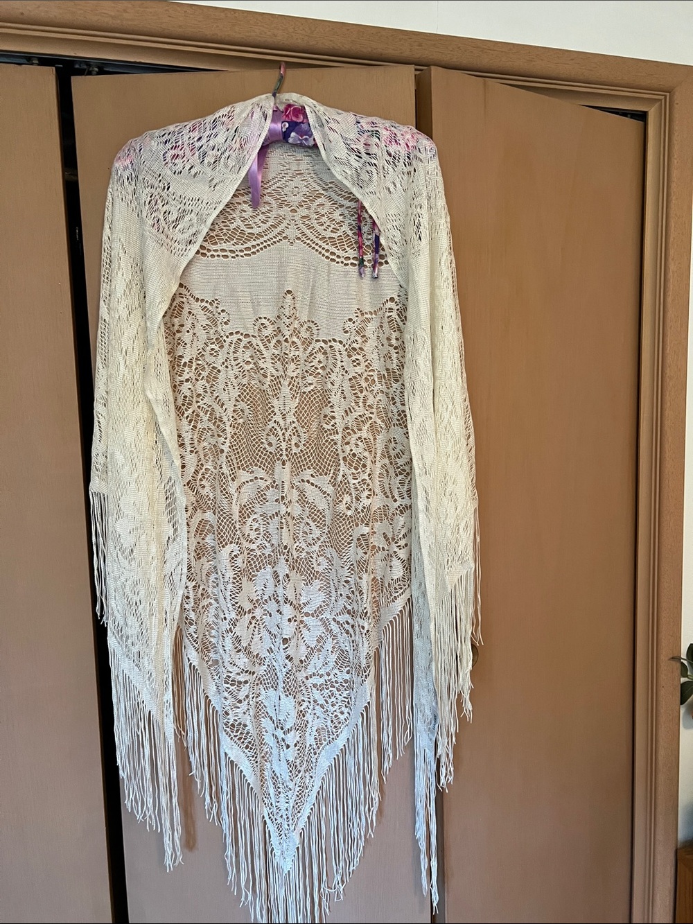 Ivory Crochet Fringe Shawl Wrap - Lightweight Feminine Cover-Up - Picture 6 of 10